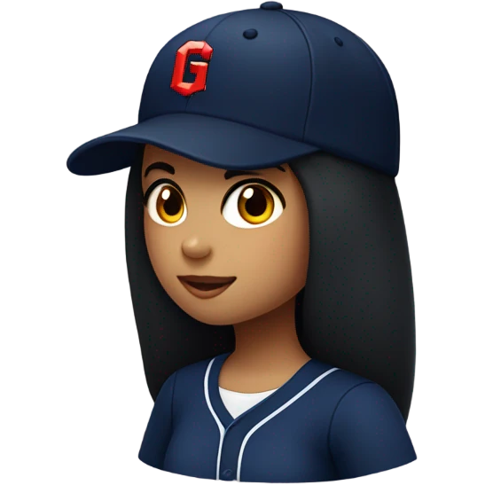 Black long hair girl wearing navy ballcap emblazoned with a red G initial and wearing baseball uniform emoji