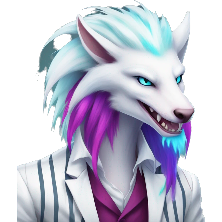 White badass elegant wild beautiful natural cute badass epic anthro modern albino sergal-vernid-creature with cyan mane and magenta eyes with cyan edgy stripes, full body, blue pretty hair,  emoji