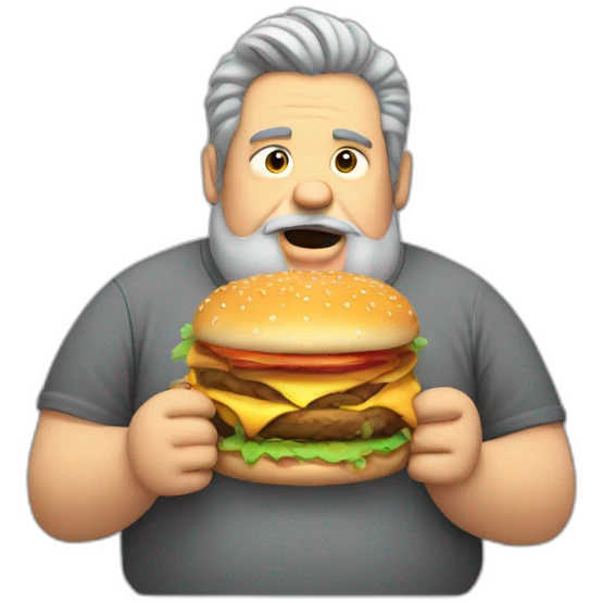 Fat man with grey shirt hair and a big beard eating a burger emoji