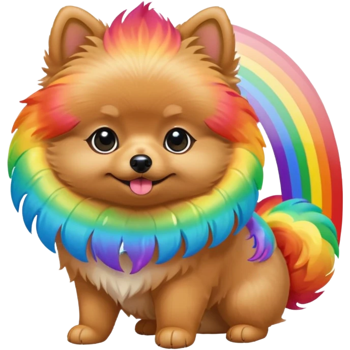 A sweet Tan Pomeranian holding a rainbow emoji