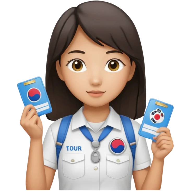 A young Asian guide holding her tour license in both hands, wearing a white shirt with the South Korea badge on her chest. emoji