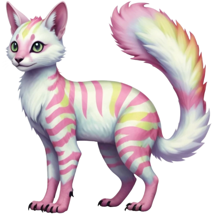 Realistic Colorful pale light fruity pastel white glorious iridescent exotic albino neon vibrant zigzagged fantasy-caracal-civet-genet-sergal-vernid-Gryphon-Cacomistle-Trico-oncilla-animal-Fakémon-hybrid-fursona (full body), facial markings, (realism style) emoji