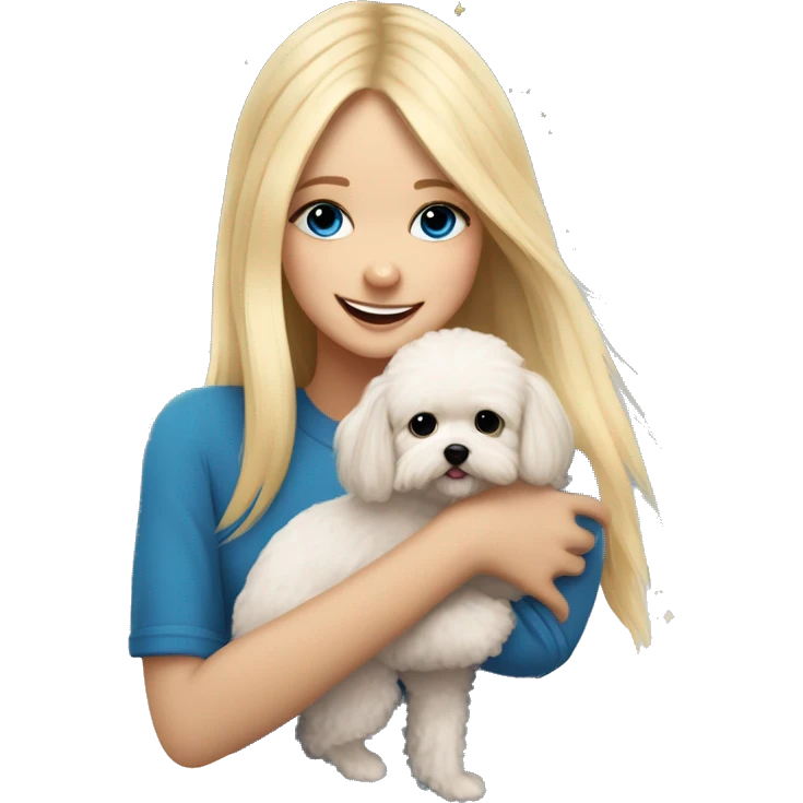 Blonde girl with long straight hair and blue eyes hugs a small  maltipoo and they are celebrating a new year  emoji