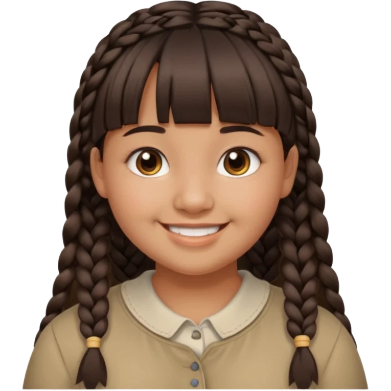 20 year old woman with tan skin, dark brown hair in low braids, blunt cut bangs, chubby face, brown eyes, smiling without teeth showing emoji