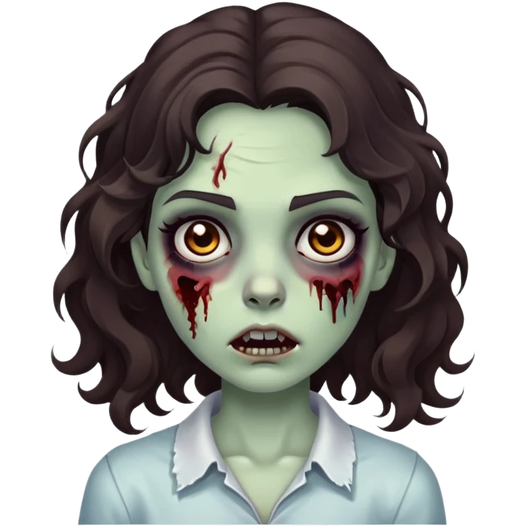 make a zombie emoji, girl with dark brown wavy hair, black eyes  emoji