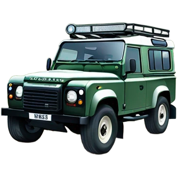 A Land Rover Defender traversing mountainous terrain full of rocks and bushes, with its iconic round headlights and robust front grille highlighted, showcasing its unparalleled off-road capability. emoji