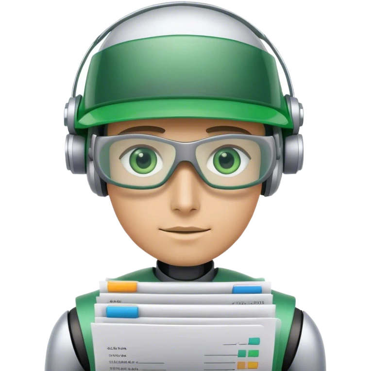 human like robot wearing  accountant Green eyeshade visor  and holding spreadsheets emoji