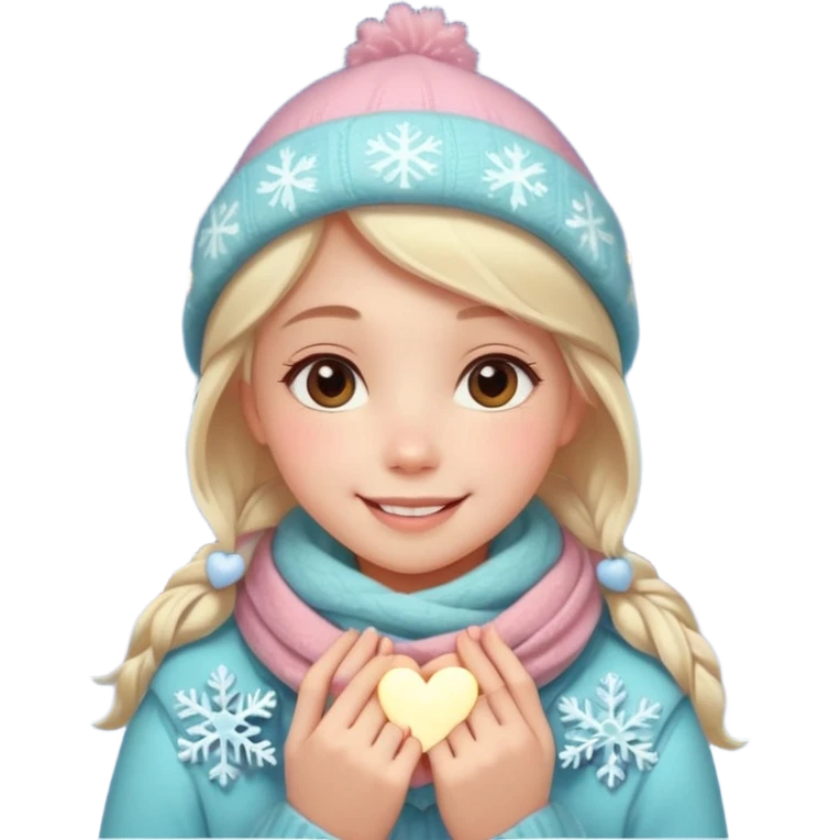 A cute, warm Christmas emoji-style illustration for a romantic A cozy winter atmosphere, soft pastel colors, gentle lighting. A sweet smiling girl with a warm scarf, glowing Christmas lights, snowflakes, and a small heart symbol. clean lines, closeness, and affection.
 emoji