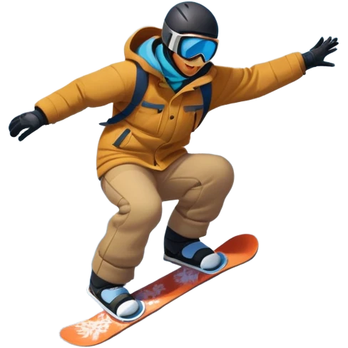 An icon featuring a snowboarder mid-jump, performing a stylish trick above a snowy mountain slope. The background showcases powdery snow, evergreen trees, and a bright blue sky. Transparent background captures the energy, skill, and thrill of snowboarding. emoji