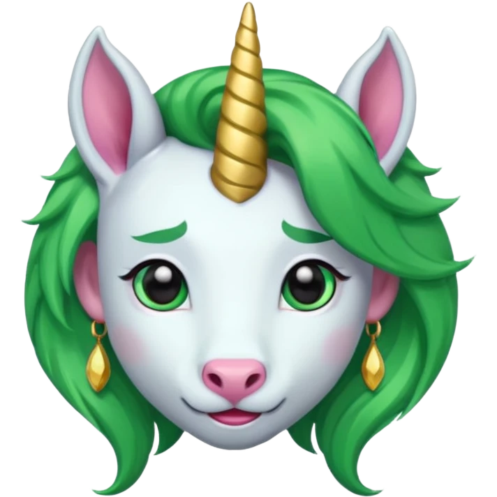 unicorn with green hair and big earrings looking into camera emoji