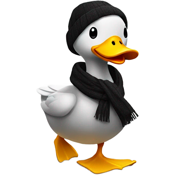 Happy duck that crossed the road and is black. Wearing a scarf emoji