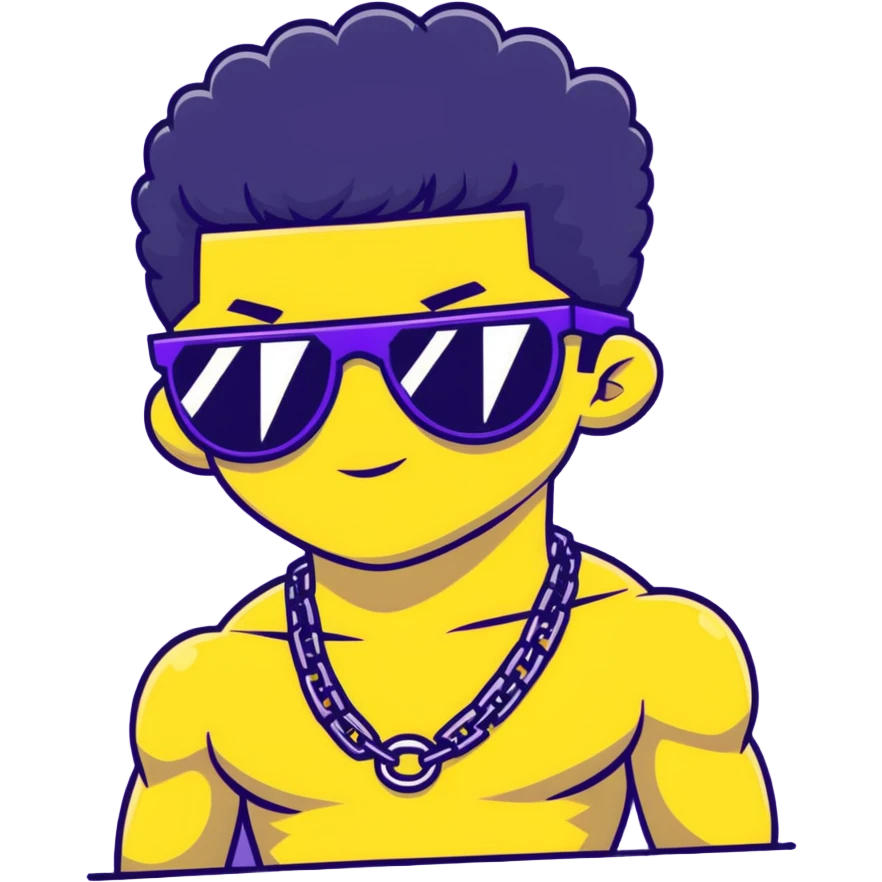 shirtless male athlete with white skin and moderately curly black hair on top with shaved sides, wearing purple sunglasses with black tinted lenses and a plain black chain necklace without pendant emoji
