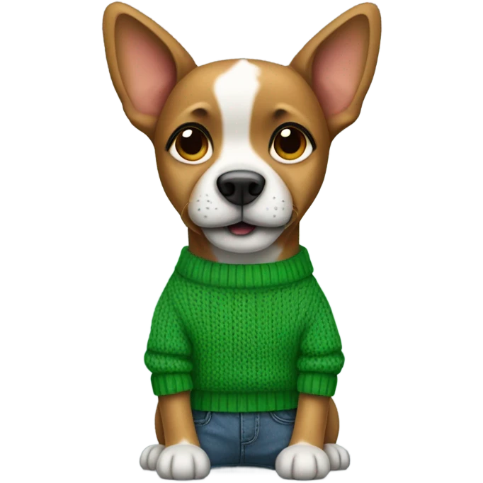 A dog wearing a green sweater with his hands in his jeans and red converse emoji