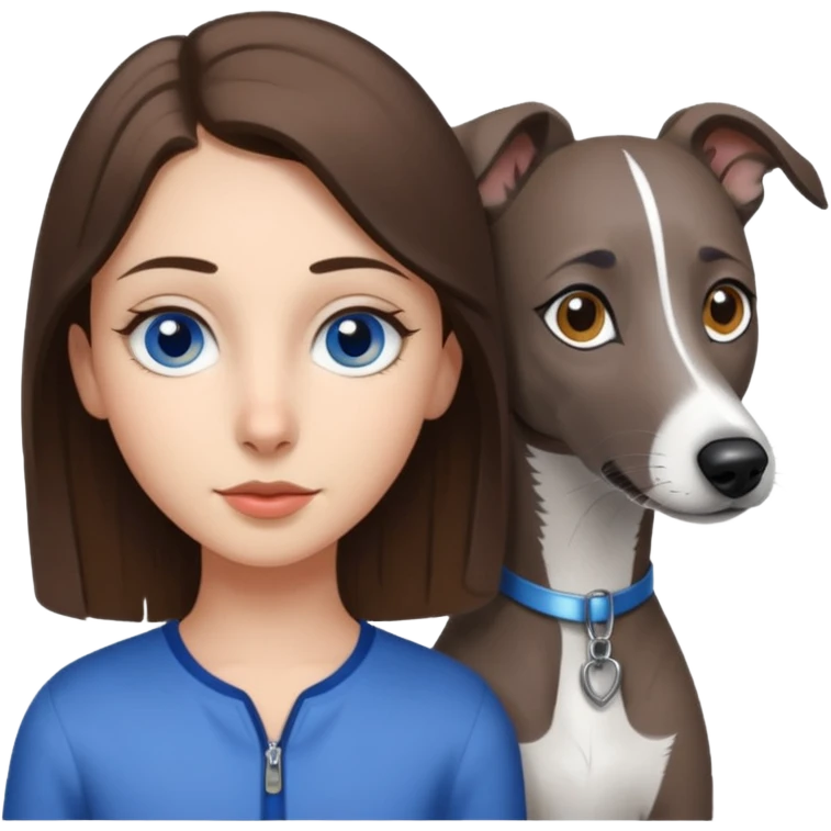 Brunette teenage hazel eyed girl beside a dark grey and white whippet with blue eyed emoji