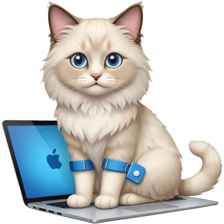 Cute ragdoll cat on a laptop. Should sit on top of the laptop, cat is way bigger than the laptop. Could walk on the laptop or sit emoji