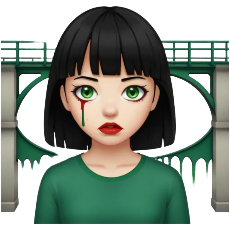 Guria com cabelo preto franjinha sangrando olhos verdes  fundo preto e um piercing bridgepiercing emoji