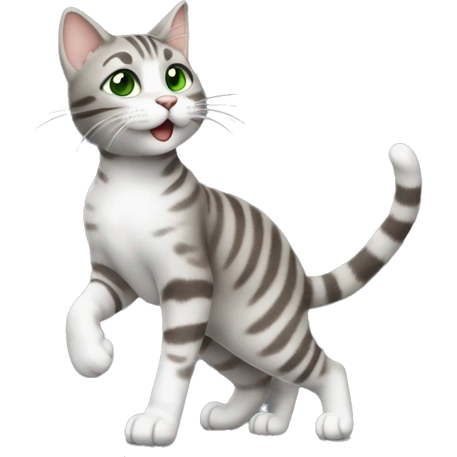 Light grey brown tabby cat dancing standing with green eyes  emoji