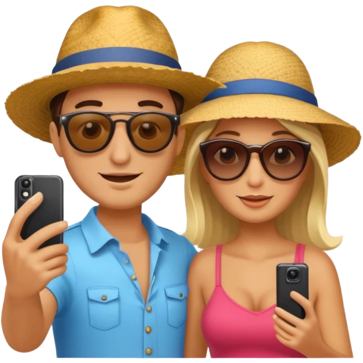 Italian tourist couple, one with sunhat, one with sunglasses, taking a selfie emoji