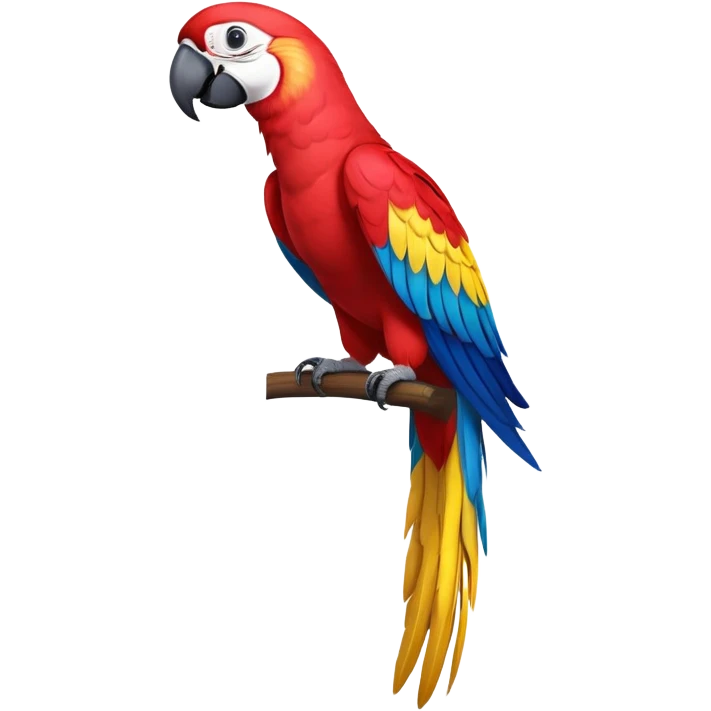 cinematic-macaw-realistic-full-body-standing-emoji,-vibrant-feathers-glowing-with-rich-reds,-blues,-and-yellows,-head-tilted-dramatically,-curved white-beak-gleaming,-piercing-dark-eyes-exuding-confidence,-simplified-yet-realistic-focused emoji