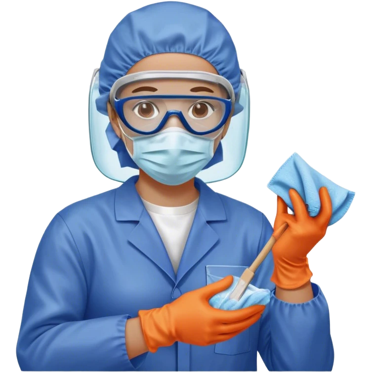 A meticulous cleanroom worker dressed in full protective gear, including a blue sterile suit, a face mask,  and orange gloves.  cleaning glasses with a wipe in one Hand emoji