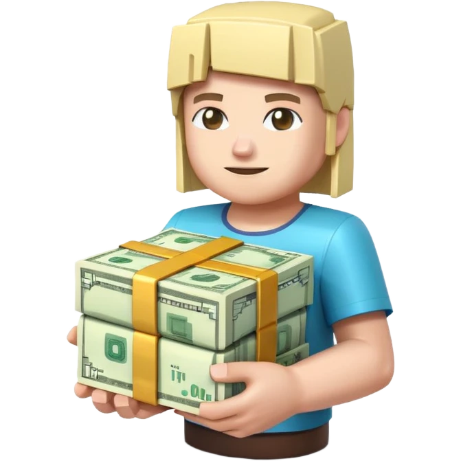 emoji style icon, minecraft blocky character holding a stack of money, pixel art style, bright colors, simple background, 3D glossy emoji, centered composition, soft shadow, high detail, clean outline, white background emoji