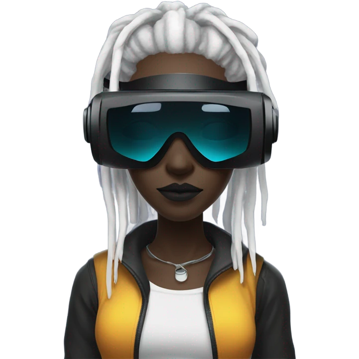 cyberpunk woman, black skin, white dreadlocks, wearing RGB vr headset, (eyes covered:1.2), no eyes, bright colors emoji