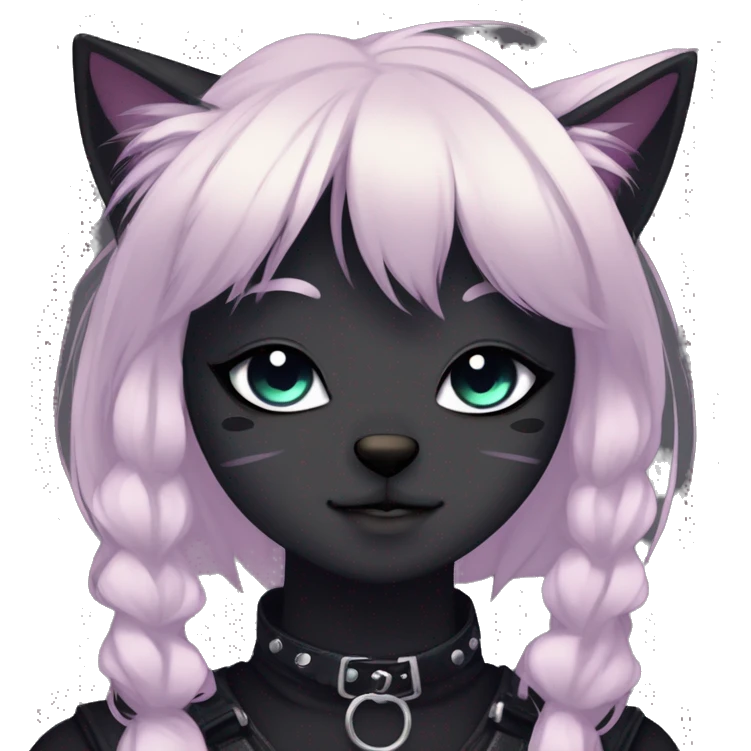 Gorgeous furry gothic dark techwear anime style anthro black cat furry sona with blushing face aesthetic and pretty edgy black with collar and harness trending style emoji