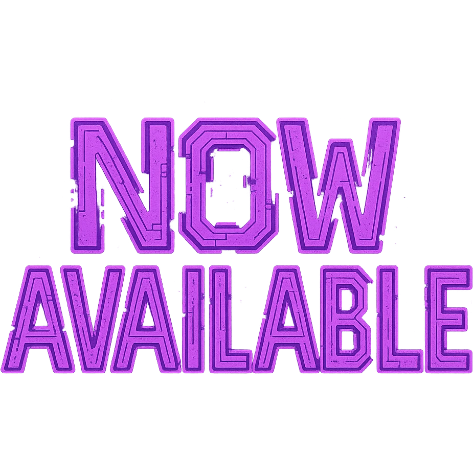"now available" cyberpunk style text splash overlay lavender emoji