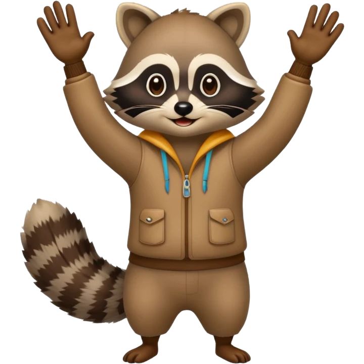 a full body raccoon celebrating hands up wearing fun outfit emoji
