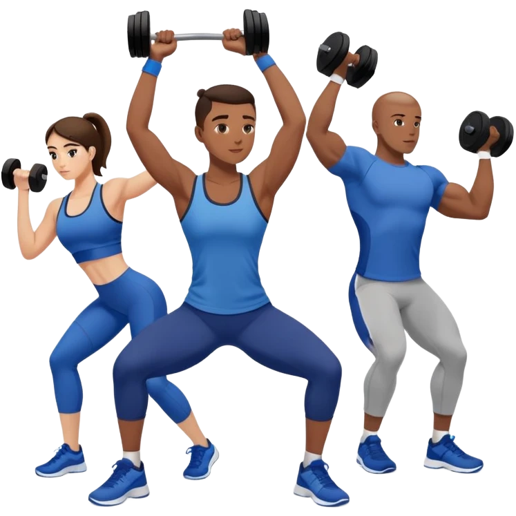 Group at gym, trainers in blue shirts, others in varied gymwear, lifting weights and stretching – strong and focused vibe emoji