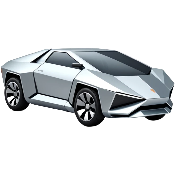 A futuristic chrome car emoji, sharp geometric body design inspired by cybertruck aesthetics, smooth silver metallic surface, matte and glossy chrome mix, minimal details, soft reflections, clean edges, iOS emoji style, centered, clean white background, soft studio lighting, no text emoji