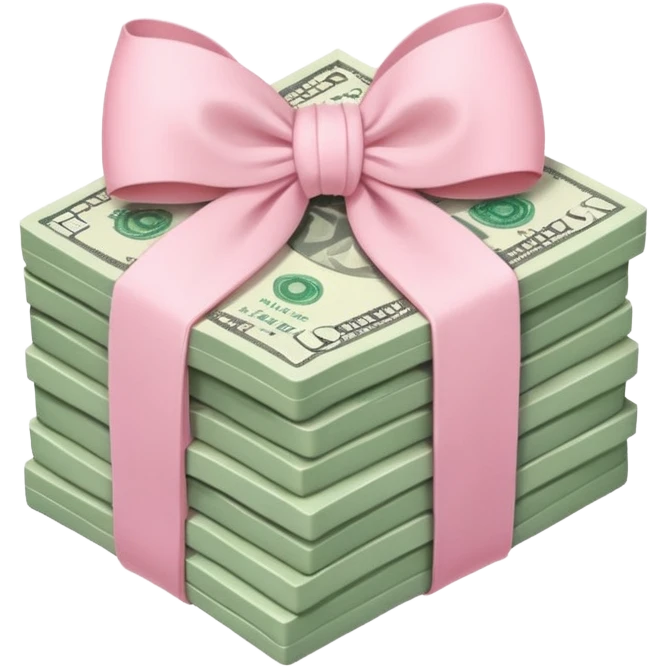 a stack of money in pastel colors, tied with a pastel pink bow, soft and cute emoji