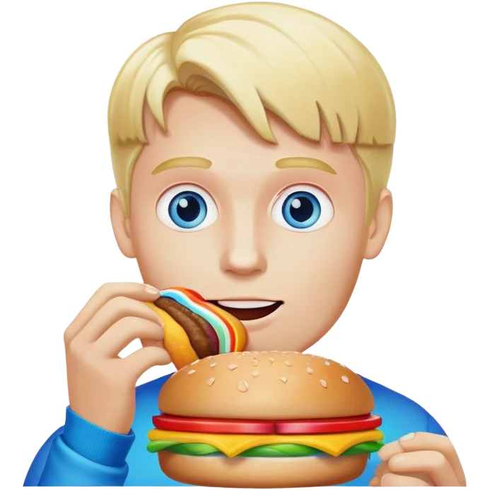 Blonde man with white skin and blue eyes eating a McDonald's hamburger, rainbow LGBT colors emoji