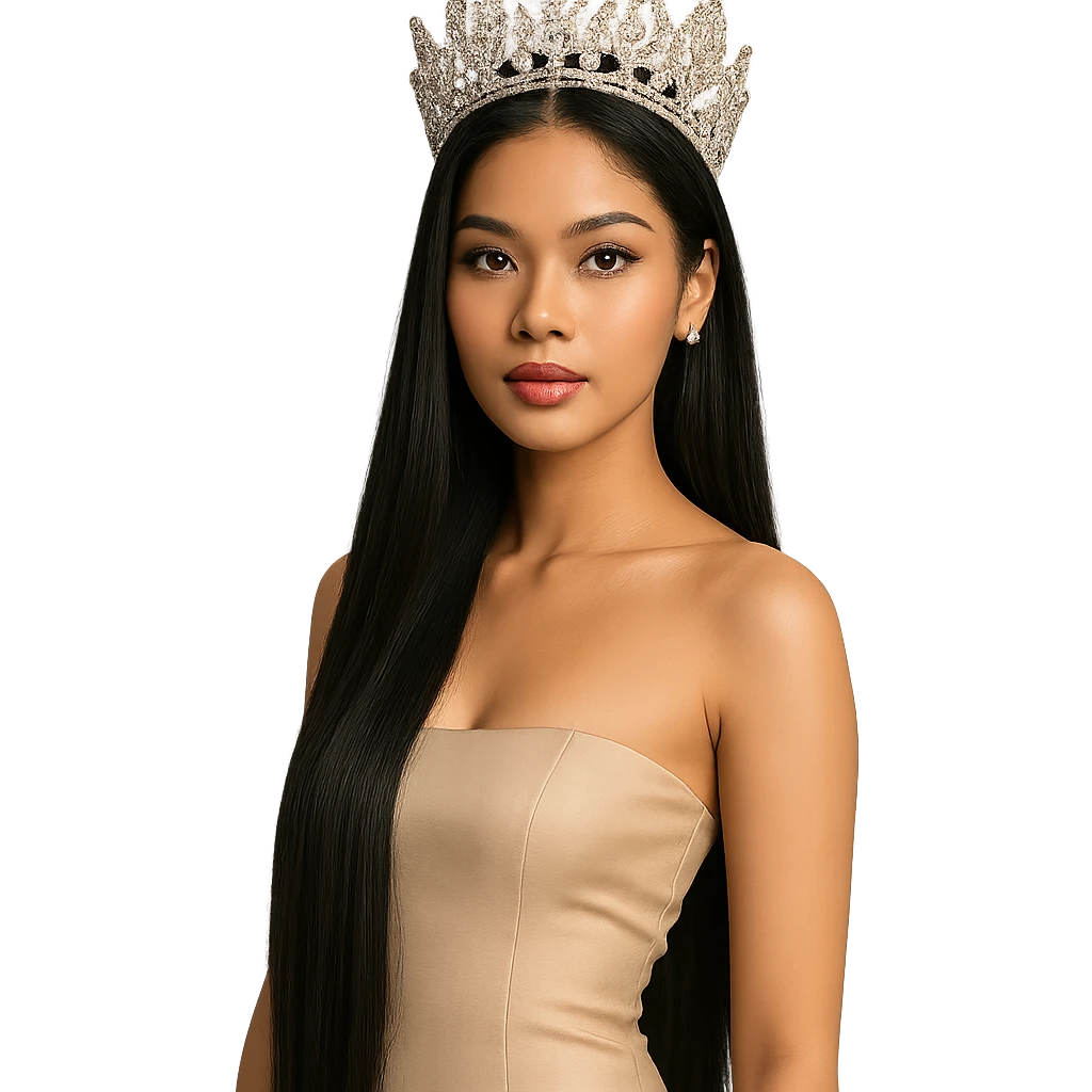 South East Asian beauty queen with extremely long straight black hair, wearing a crown emoji