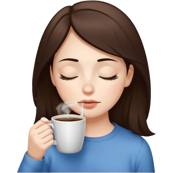 Brunette is a cold girl with white skin and sniffting the coffee in her hand woth her eyes closed emoji