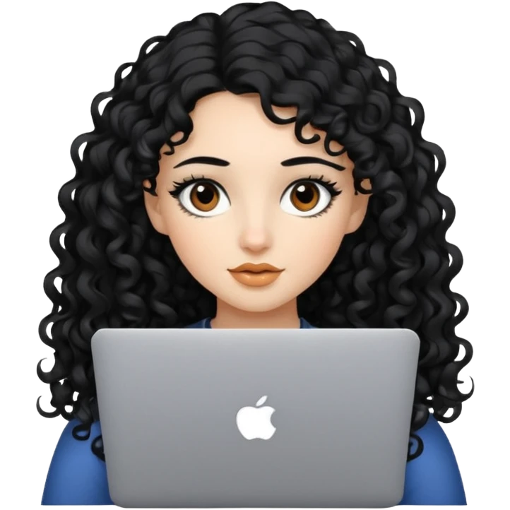 a girl using the mac book air with long black curly hair and brown eyes with winged black eyeliner emoji