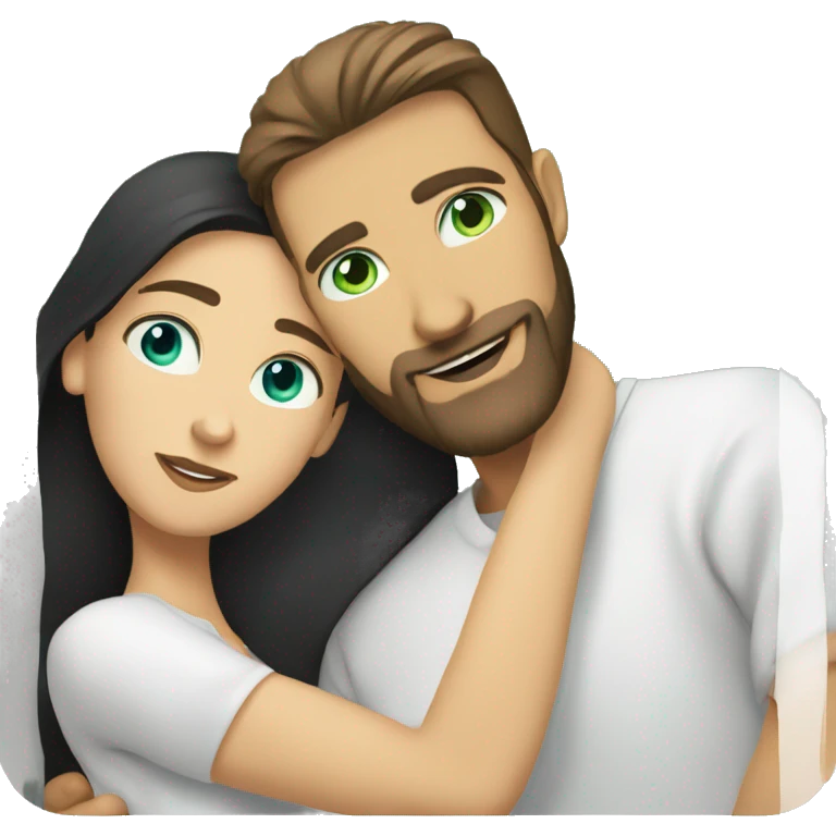 White man BROWN beard and blue eyes and BROWN hair hugging white woman with long straight black hair and green eyes emoji