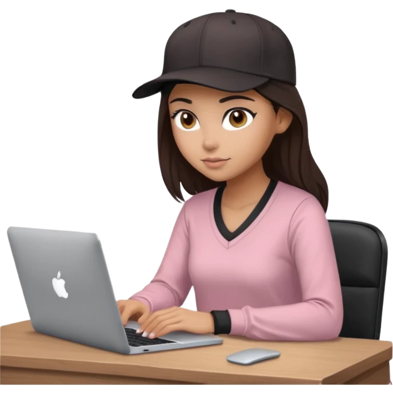 A professional 3D avatar of a young woman with olive skin and long, dark brown hair, wearing a dark, long-sleeved V-neck dusty pink shirt and a black baseball cap. She's sitting at a sleek wooden desk, typing and looking at a silver MacBook.  emoji
