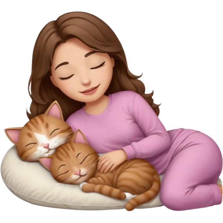 girl with wavy long brown hair, brown eyes, light to medium complexion, long lashes, light pink lipstick, smiling, wearing light pink shirt, sleeping on a cozy pillow, with brown tabby cat, sleeping emoji
