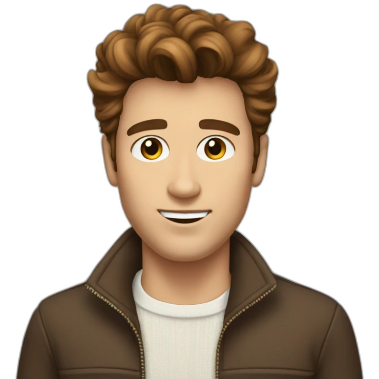 Guy with short brown wavy Elvis like hair and jumper emoji
