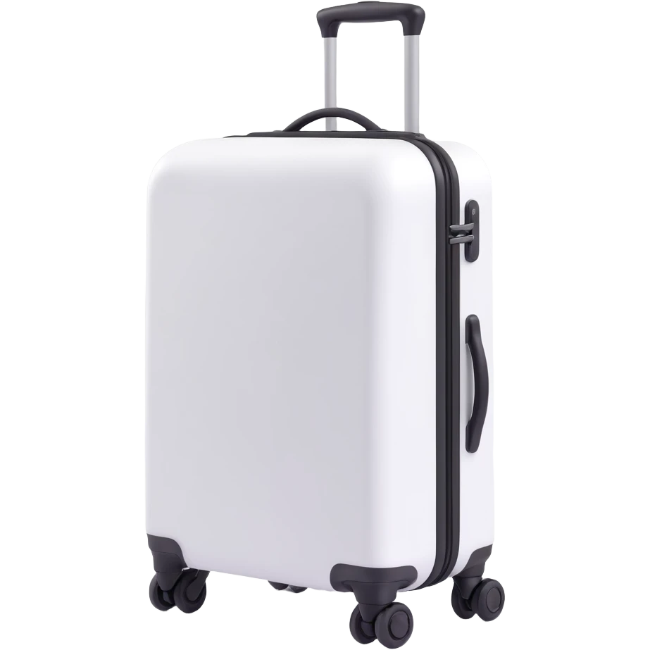 white suitcase on wheels, angled view, no black inserts, pure white color, soft shadows and highlights, 3D Emoji style, transparent background emoji