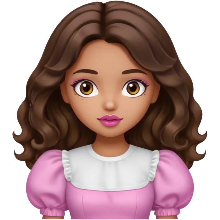 generate a pretty bratz girl with dark brown eyes in a white puff sleeve top. Pink lipgloss. Brown wavy hair long.  emoji