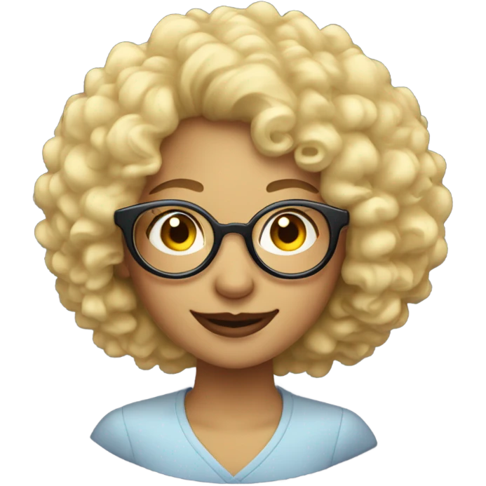 A round moon on which sits a blonde woman with curly hair and glasses, smiling. emoji