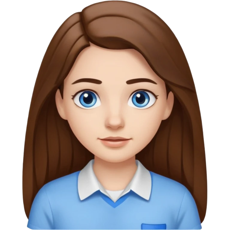 A pretty white girl with long brown hair dark eyebrows and braces and blue eyes wearing a white shirt emoji