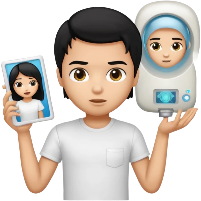 generate a pretty bratz emoji of a boy with black hair wearing a white tshirt and holding a cT emoji