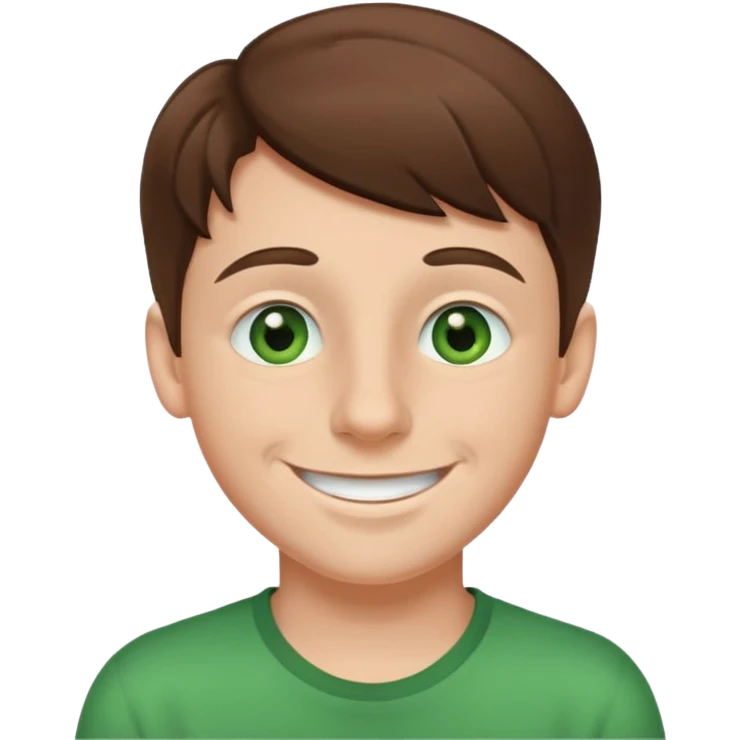 A boy white boy with brown hair and a button nose with green eyes and a big smile  emoji