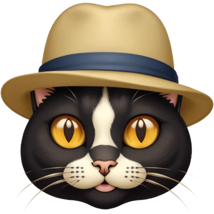 mostly black cat with some brown spots on face, gold eyes, british hat emoji