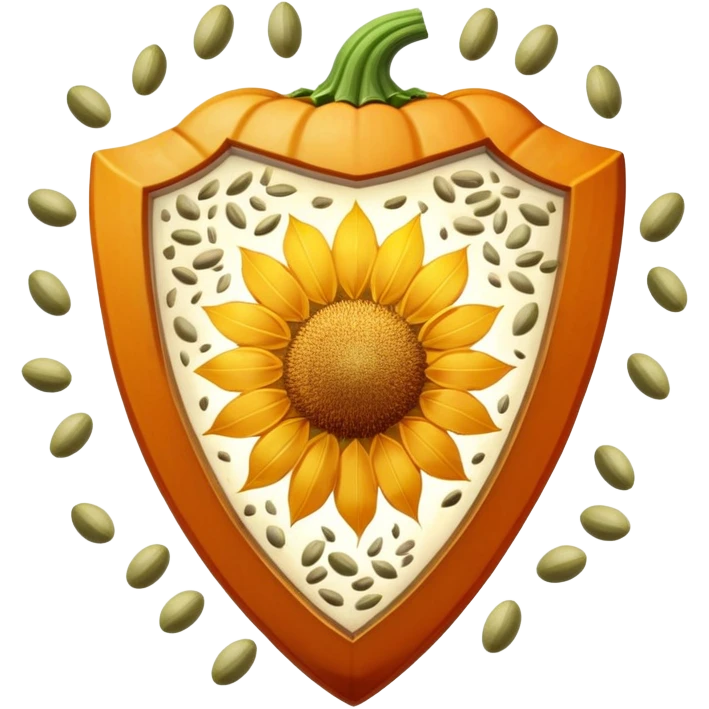 Floating seeds (pumpkin, sunflower, sesame) and a glowing cut of lean meat positioned on a bright shield of light. The shield emits protective rays while the seeds and meat shine with nutritional essence, creating a healing and protective visual. emoji