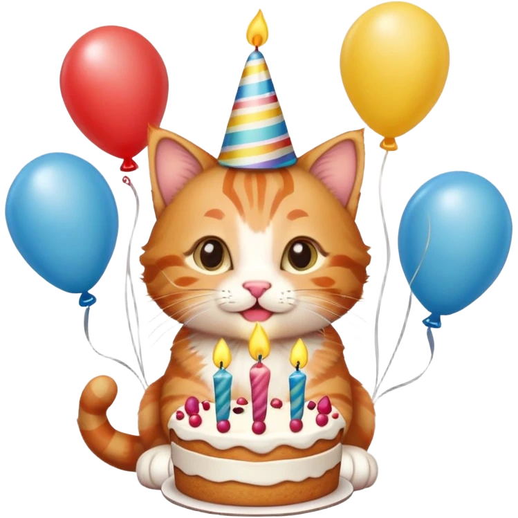Ginger tabby kitten celebrates birthday, birthday hat, birthday cake, one candle, balloons, happy, gifts emoji