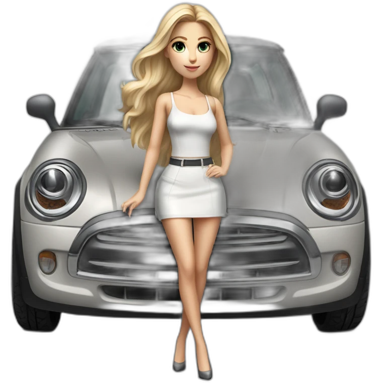 hyperrealist caucasian long blonde hair brown eyes woman white thin straps top gray tight mini skirt black high heeled shoes full body emoji